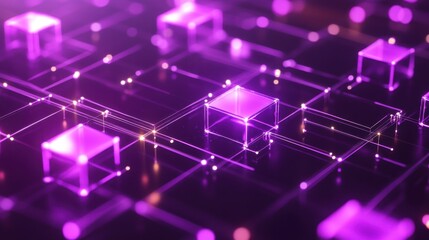 An abstract representation of blockchain technology with glowing purple squares and interconnected lines, symbolizing online storage and data security, soft neon lighting effects
