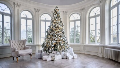a majestic Christmas tree in a spacious, white room with arched windows. Adjacent to the tree is a white chair, and beneath the tree lie numerous white gifts, toys.
