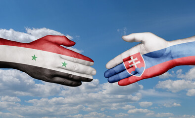 Slovak Republic or Slovakia and Syrian country handshaking with flags, consensus concept international co-operation illustration