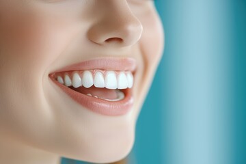 Fototapeta premium Close-up of a smiling woman showcasing healthy, white teeth against a blue background.