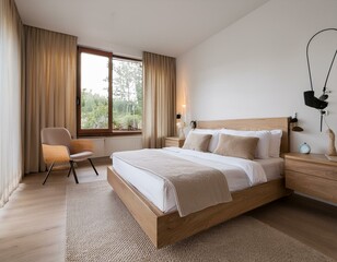 Fototapeta premium a modern bedroom ambiance, characterized by oak and white furniture, and unadorned walls