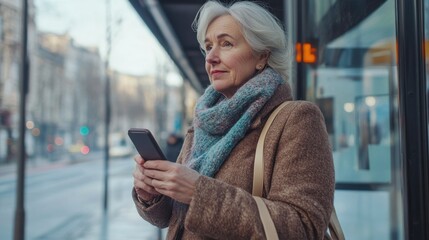 A mature woman standing at a bus stop, holding a mobile phone, soft natural light, minimal background details,  ideal for transportation, everyday life, and technology use themes.