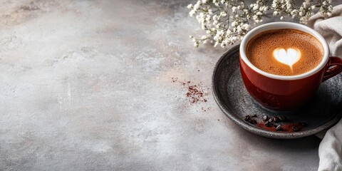 A warm cup of coffee with a heart-shaped foam on a rustic surface, perfect for cozy moments and coffee lovers.