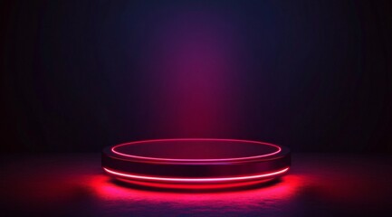 A radiant red podium illuminated by a neon spotlight on a dark red background sets a luxurious scene perfect for a prestigious award ceremony.	