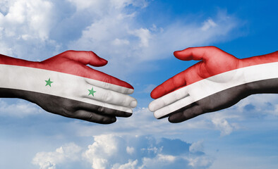 Yemen and Syrian country handshaking with flags, consensus concept international co-operation illustration