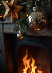 a christmas wreath is in front of a fireplace with a christmas baubles ornaments and a star on it