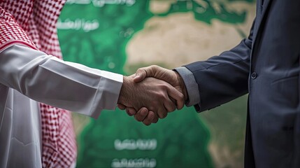 Handshake of a businessman in an official suit and a man in Saudi Arabian attire. No faces. In the background we see a green map of only Saudi Arabia