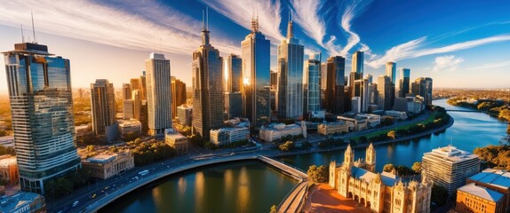 Fototapeta premium Stunning aerial view of city skyline at sunset, featuring modern skyscrapers reflecting in river, perfect for travel and urban lifestyle themes