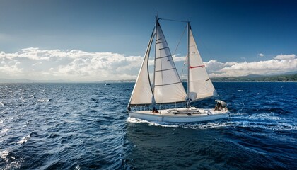 Obraz premium a sleek yacht with full sails, leaning into the wind as it gracefully maneuvers through the open sea, showcasing the dynamic beauty of sailing.
