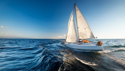 Obraz premium a sleek yacht with full sails, leaning into the wind as it gracefully maneuvers through the open sea, showcasing the dynamic beauty of sailing.