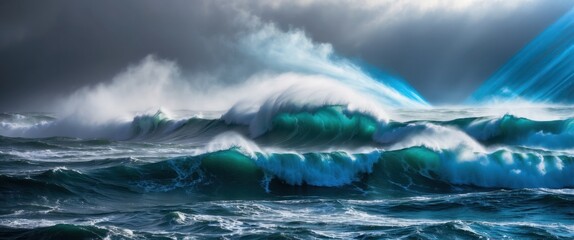 Fototapeta premium Dramatic ocean scene with powerful waves crashing against each other, showcasing nature's beauty and energy under stormy clouds