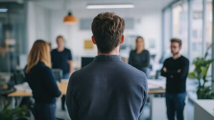 Fototapeta premium a teamleader with viewed from behind standing in a office space facing his team of four people who are looking at him and slightly out of focus