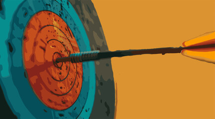 An expertly aimed arrow hits the bullseye on a colorful target under a bright orange sky