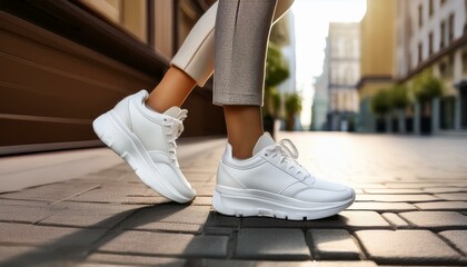 a stylish woman's sneakers as she confidently strides along a city street. Leave ample space for text or branding.