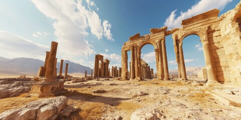 Ancient ruins under a vast sky showcase historical architecture and archaeological beauty in a breathtaking landscape.
