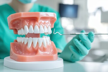 Dental model showcasing healthy teeth, dentist tools, clinical setting.