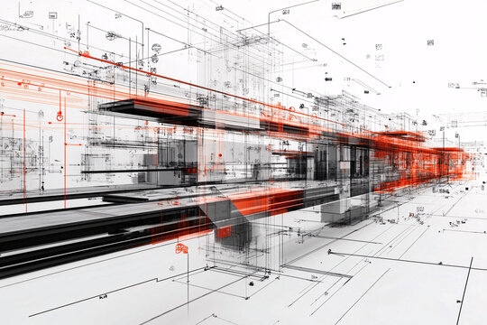 Technical architectural sketch featuring precise lines, red highlights, and layered elements, illustrating a futuristic industrial structure
