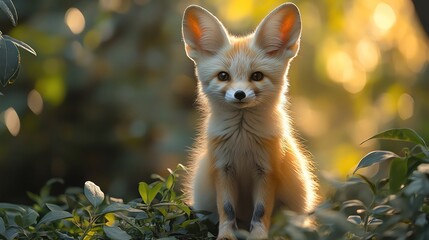 Adorable fennec fox kit sitting among greenery, glowing softly in the sunlight