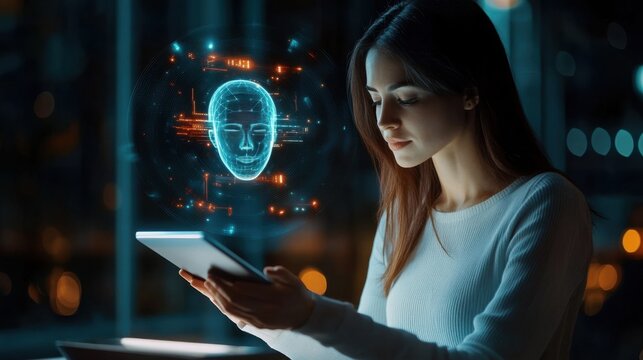 A woman using a tablet with a face recognition hologram floating above it, soft ambient lighting,   ideal for data security, technology, and identity verification themes.