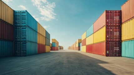 Fototapeta premium A scene of stacked cargo shipping containers at a cross-docking facility, with a clear blue sky in the background