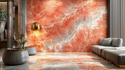 A soft, pastel red marble surface with subtle golden veins, ideal for creating a serene and sophisticated mood
