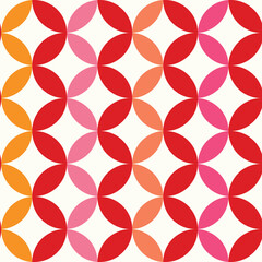 Mid Century Geometric Circles seamless pattern in red, pink, orange and coral on white background. For wallpaper, home décor and fabric