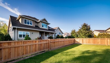 Obraz premium a welcoming home with a beautiful new wooden fence surrounding the house on a bright and sunny day. The exterior of your home and wood fence in all its glory.