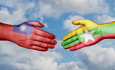 Myanmar aka Burma and Taiwan country handshaking with flags, consensus concept international co-operation illustration