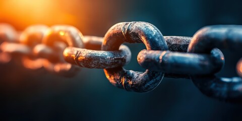 Close-up of a rusted chain link, symbolizing strength and connection. Unique texture with warm light highlighting its features.