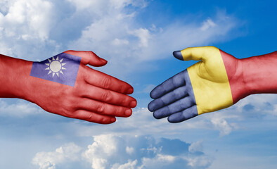 Romania and Taiwan country handshaking with flags, consensus concept international co-operation illustration