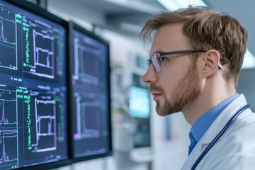 Fototapeta premium Doctor analyzing data on monitors in a modern medical facility.