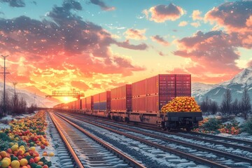 Fototapeta premium Train Carrying Oranges Under a Breathtaking Sunset