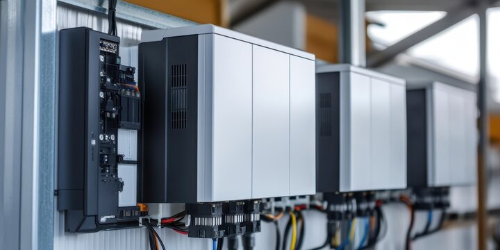 Close-up of modern electrical control boxes mounted on a wall, showcasing technology and power distribution in an industrial setting.
