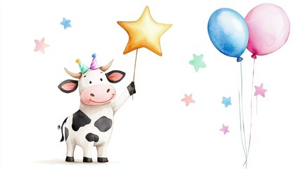 Naklejka premium A happy little cow holding a star-shaped balloon, celebrating a birthday.