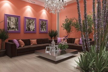 A sophisticated living room with beechwood floors, coral walls, and a chocolate brown sofa A square aluminum coffee table, lavender frames, and tall yucca plants A sleek crystal drop chandelier