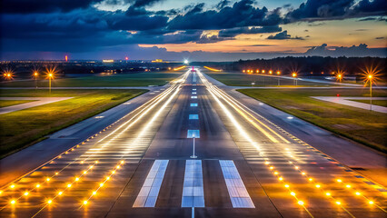 Obraz premium a runway with lights on it and a runway with a plane on it.