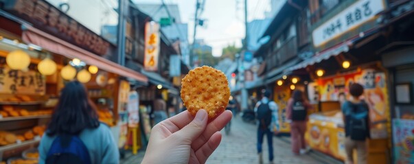 Obraz premium Hand holding a crispy traditional Japanese street food cracker, blurred autumn background.