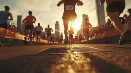 Runners sprinting towards the finish line at sunset