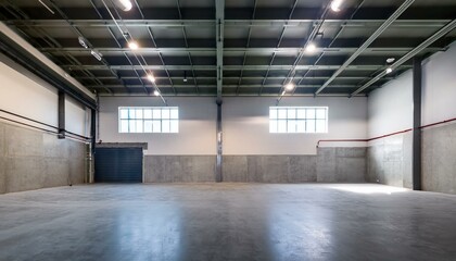 an empty concrete garage. The well-lit space features clean walls, a polished concrete floor, and modern hanging lamps, creating a minimalist and functional design.
