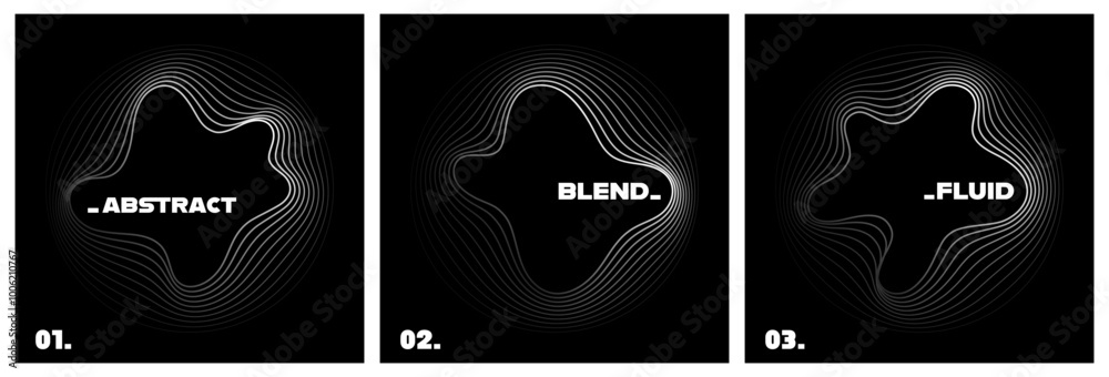 Poster three different abstract fluid shapes surrounded by smooth of lines with blend effect on a black bac