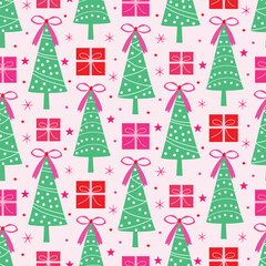 Obraz premium Green Christmas Trees with Preppy Pink bows , Gifts and snowflakes seamless pattern. For wrapping paper, Christmas décor and fabric