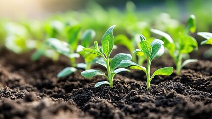 Fresh Green Seedlings Growing in Fertile Soil