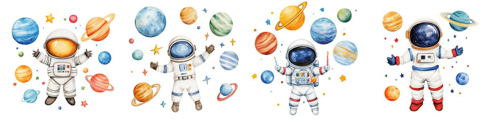 Naklejka premium Astronauts exploring space with vibrant planets in the background, colorful and engaging design.