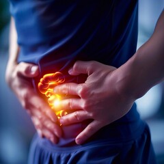 A person demonstrates acute discomfort in the abdominal area, indicating gallbladder pain while standing indoors