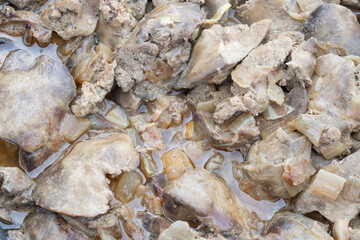 Stewed chicken liver with sauce and onion in iron skillet isolated on white