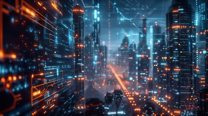 The skyline glows with neon lights and digital patterns, reflecting a high tech urban environment after dark