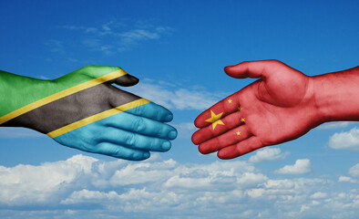 China and Tanzania country handshaking with flags, consensus concept international co-operation illustration