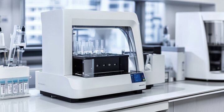 Modern laboratory equipment showcasing an automated liquid handling system in a clean, professional environment.