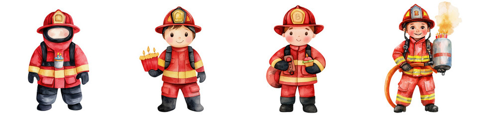 Various cartoon firefighters in action, demonstrating teamwork and bravery, isolated on a white background.