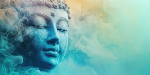 Serene Buddha statue surrounded by ethereal clouds, symbolizing peace, tranquility, and spirituality in a colorful atmosphere.